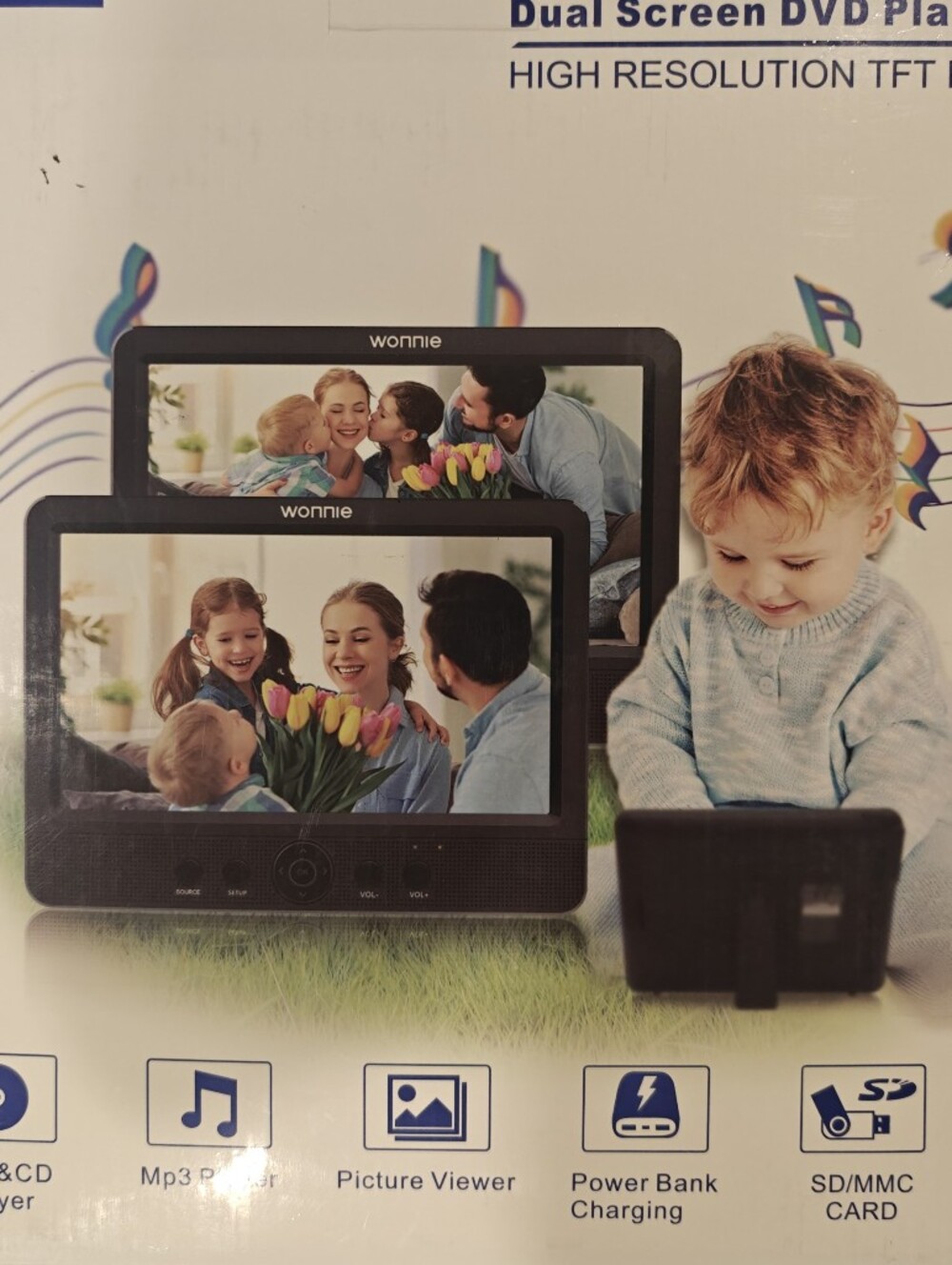 Portable Digital DVD Player, Dual Screen and Accessories - Black